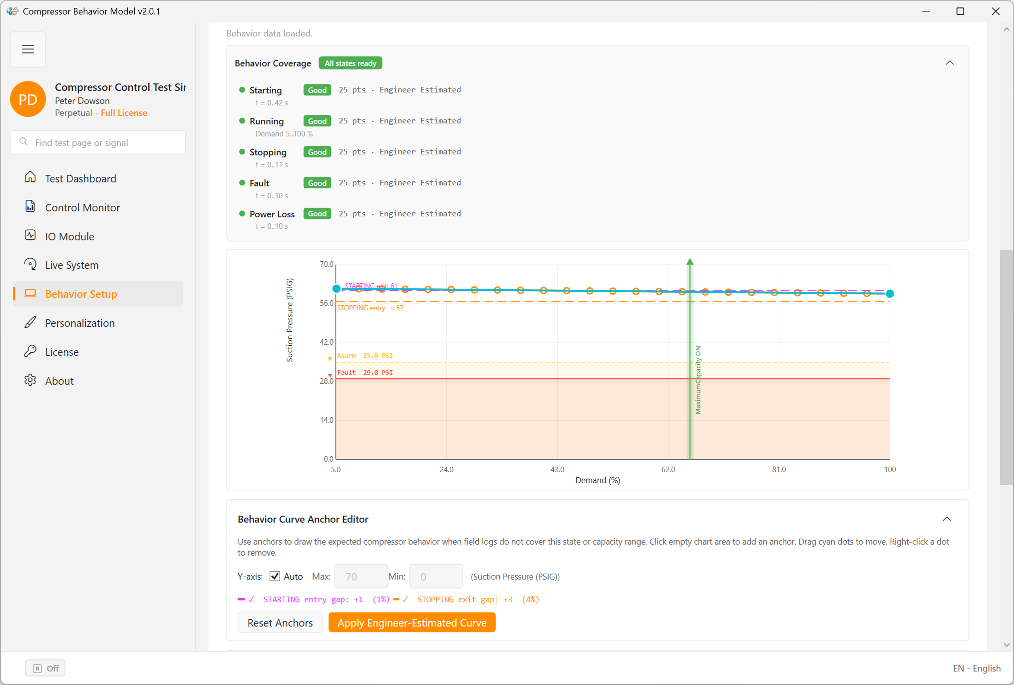 ModbusSim behavior setup page with compressor behavior model controls visible.