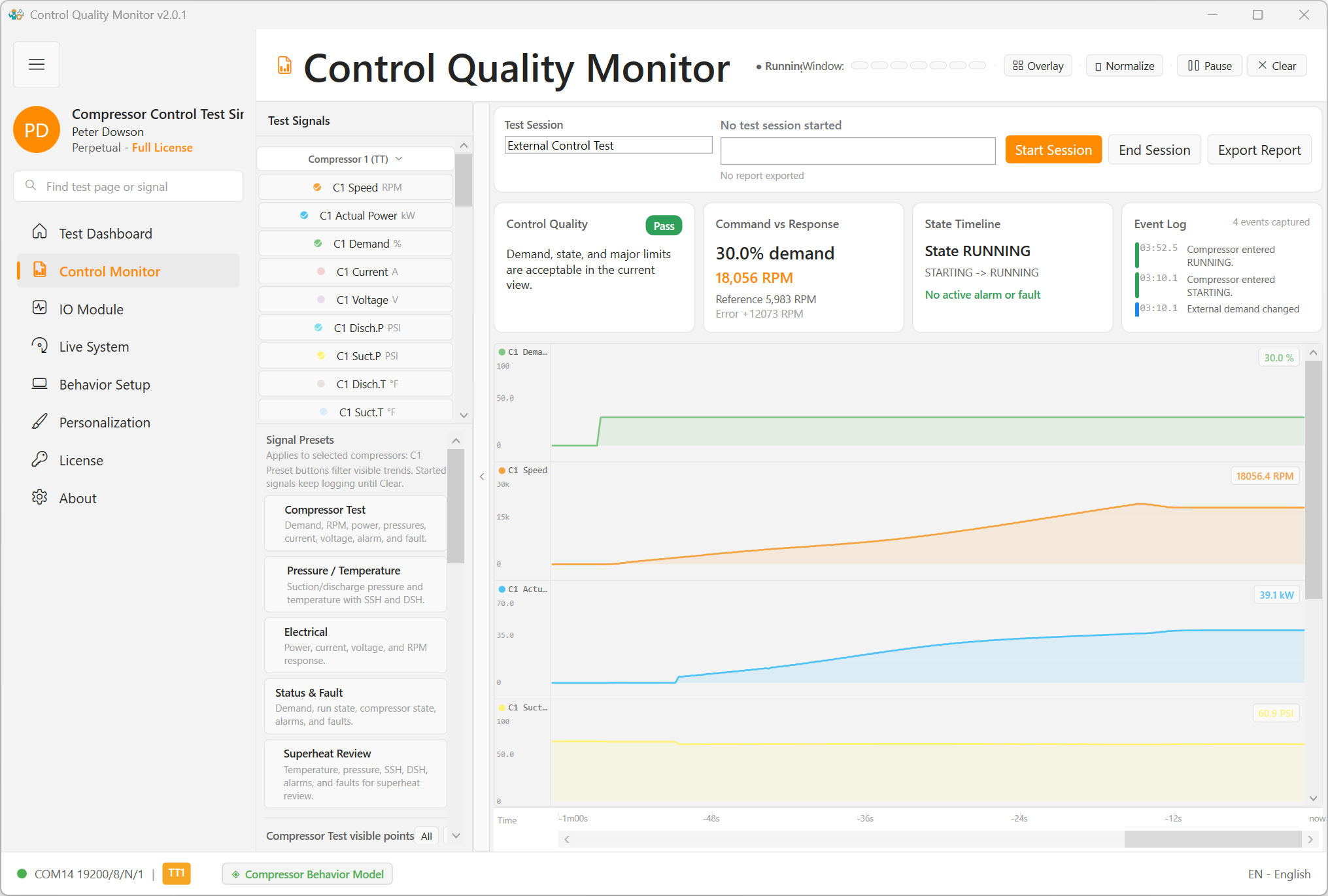 ModbusSim Control Quality Monitor with signal presets and live traces.