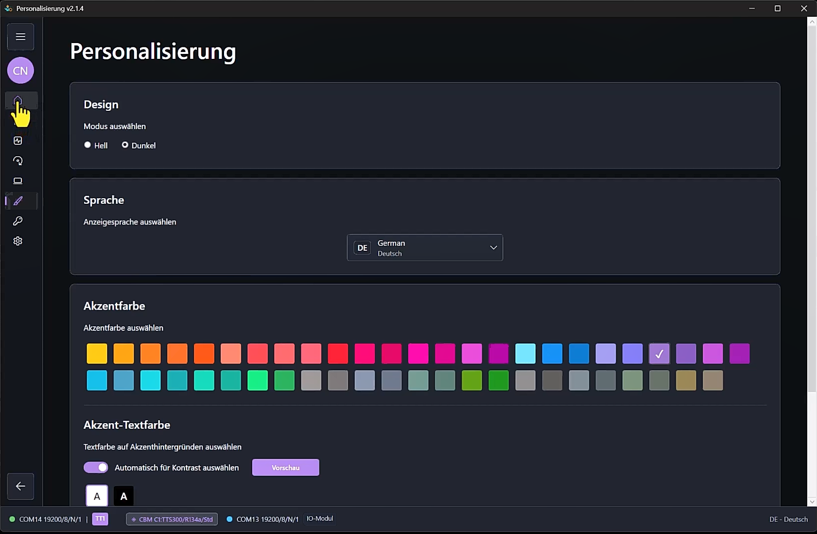 ModbusSim-Personalisierung mit dunkler Theme-Option.