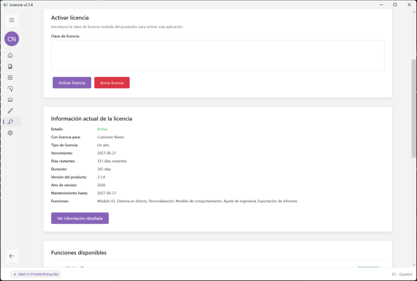 Página de licencia de ModbusSim usada para revisar la licencia actual y las funciones activas.