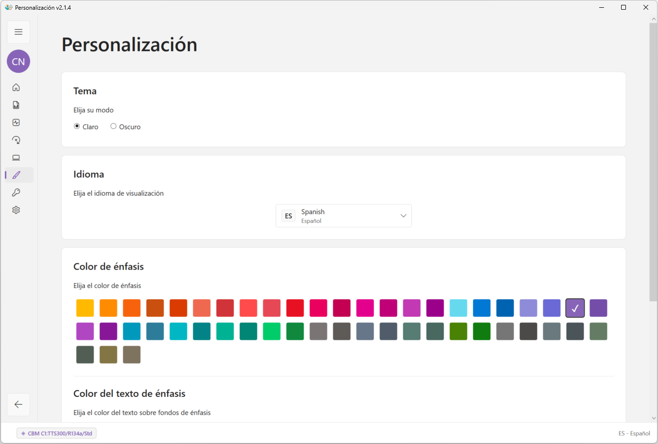 Página de personalización con idiomas disponibles.