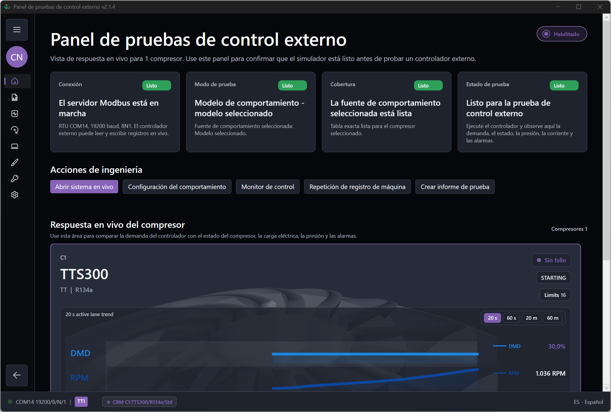 Tablero de prueba con controles de preparación.