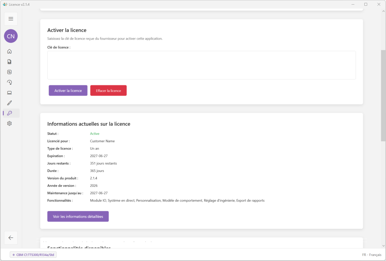 Page de licence ModbusSim en thème clair utilisée pour consulter la licence actuelle et les fonctionnalités activées.