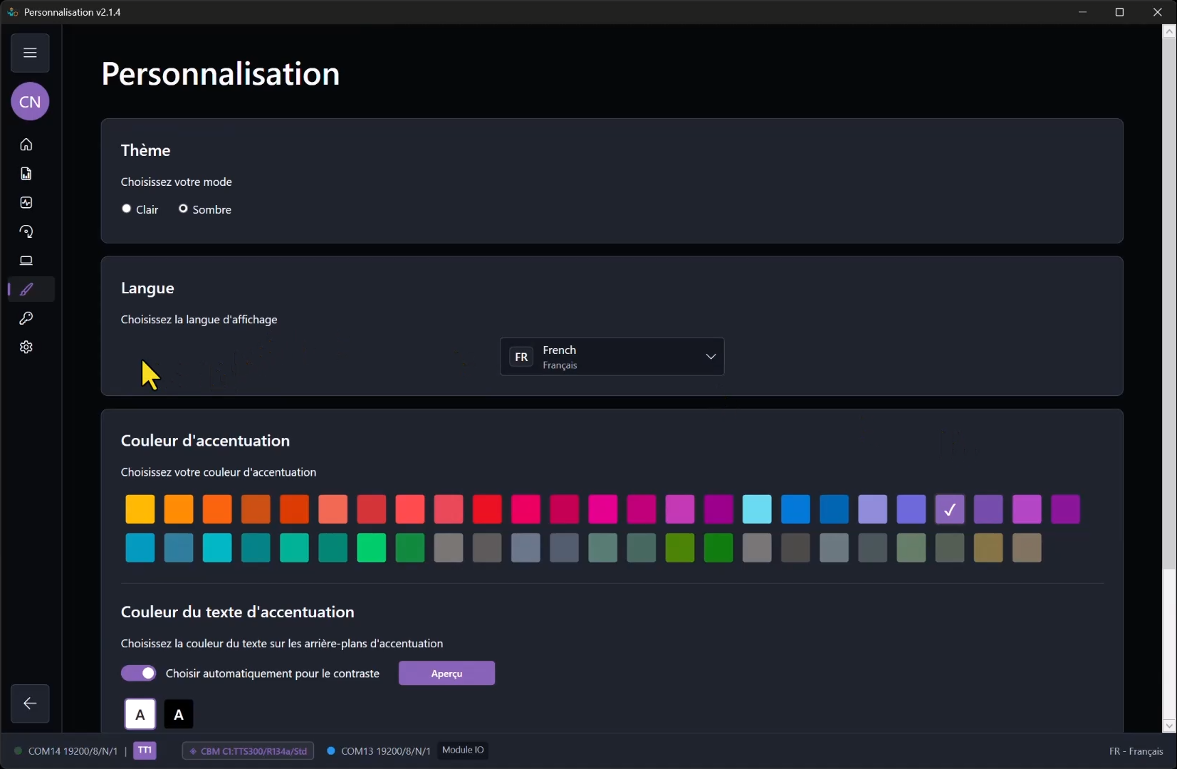 Page de personnalisation avec une langue sélectionnée.