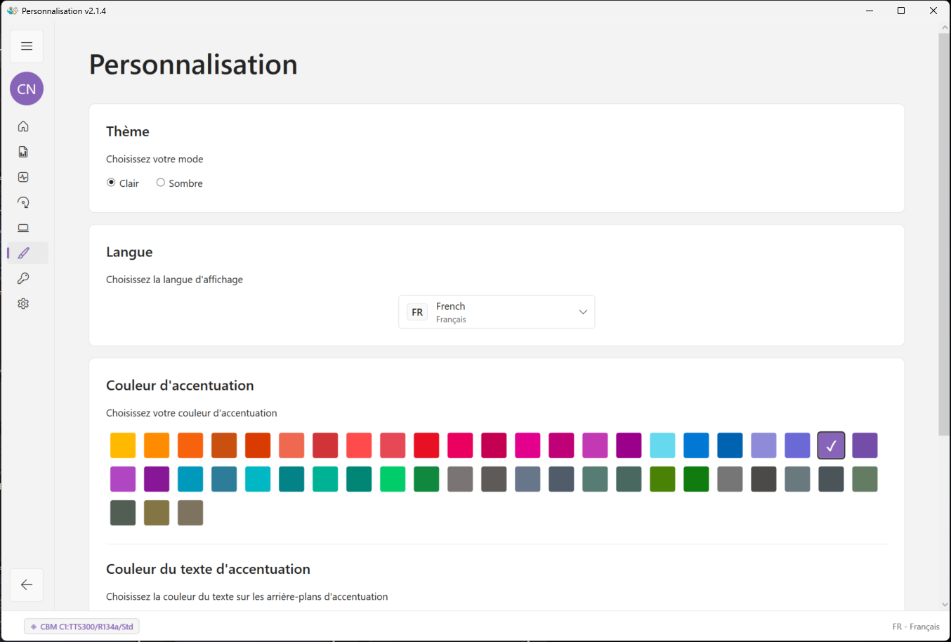 Page de personnalisation affichant les langues disponibles.