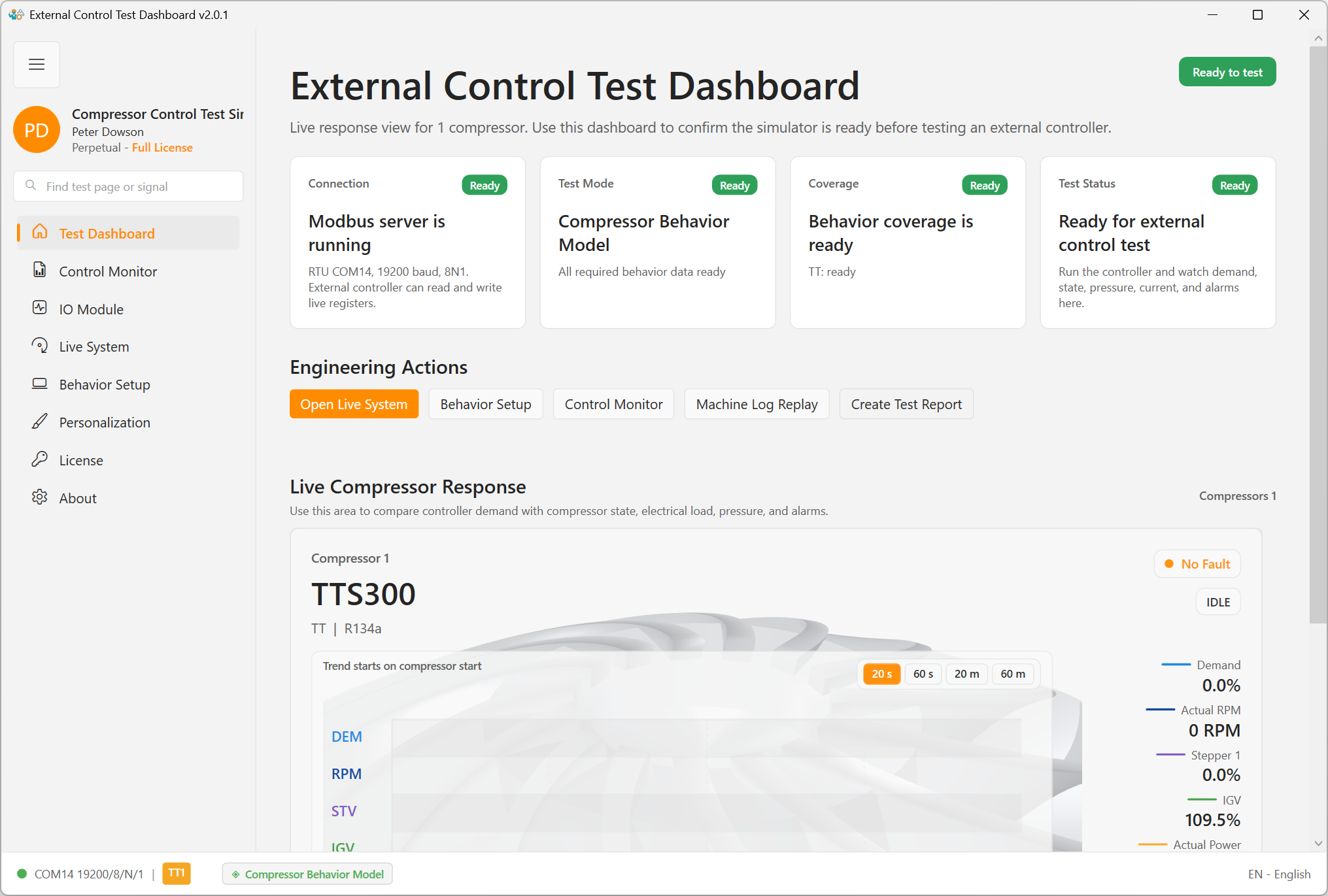 ModbusSim test dashboard in a ready state after Modbus is configured.