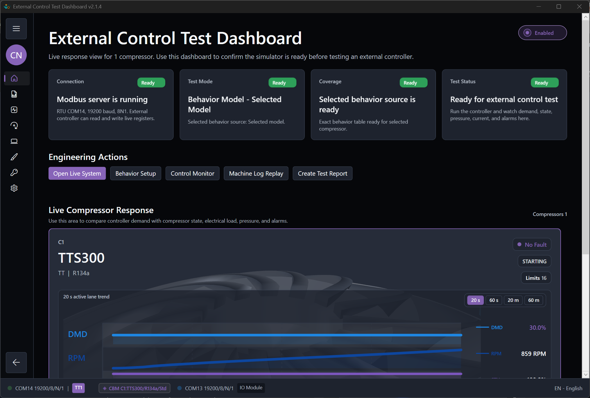 External Control Test Dashboard with readiness checks.